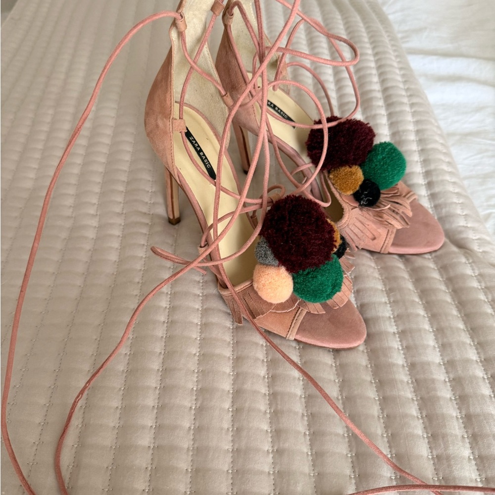 Zara Pink Lace-Up Heels with Colorful Pom Poms